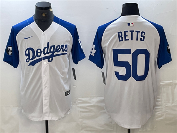 Men's Los Angeles Dodgers #50 Mookie Betts White/Blue Vin Patch Cool Base Stitched Baseball Jersey Men's Los Angeles Dodgers #50 Mookie Betts White/Blue Vin Patch Cool Base Stitched Baseball Jersey